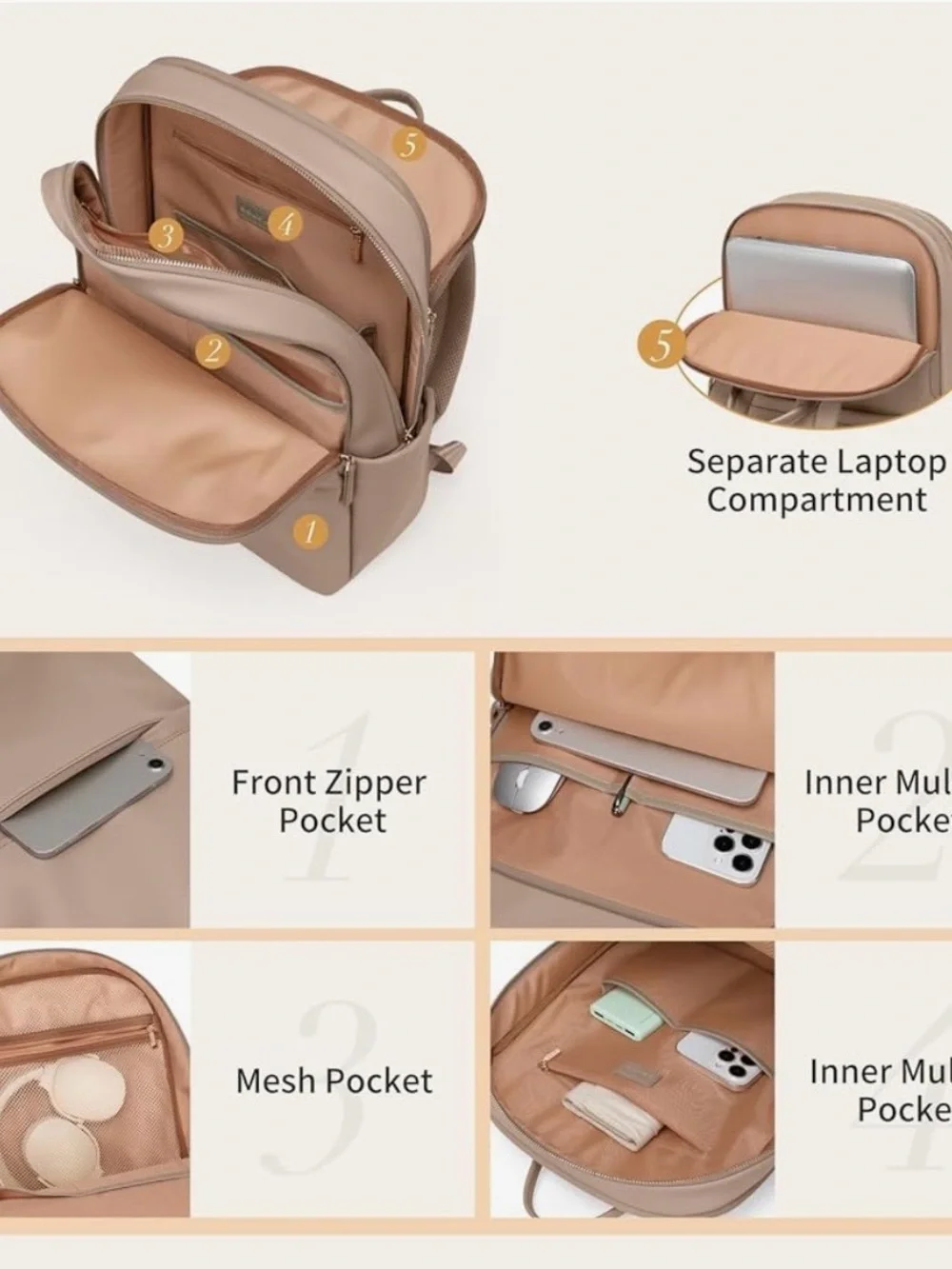 Women's Laptop Backpack in Taupe - Stylish Daily Work Bag